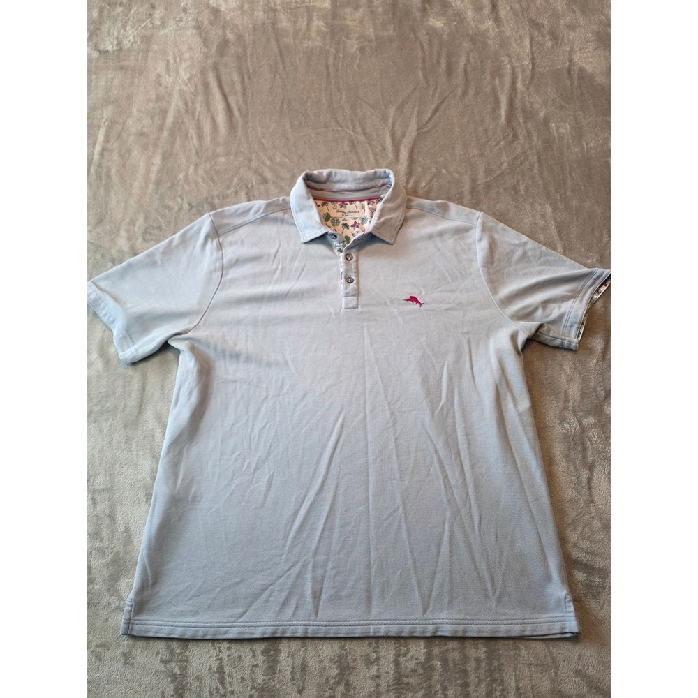 Tommy Bahama Polo Shirt Mens XL Blue IslandZone Short Sleeve Floral Trim